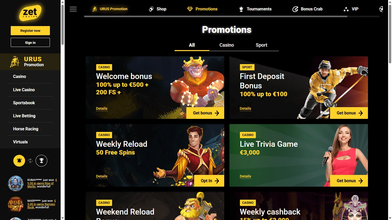 Zet Casino desktop promotions view showing welcome and reload offers