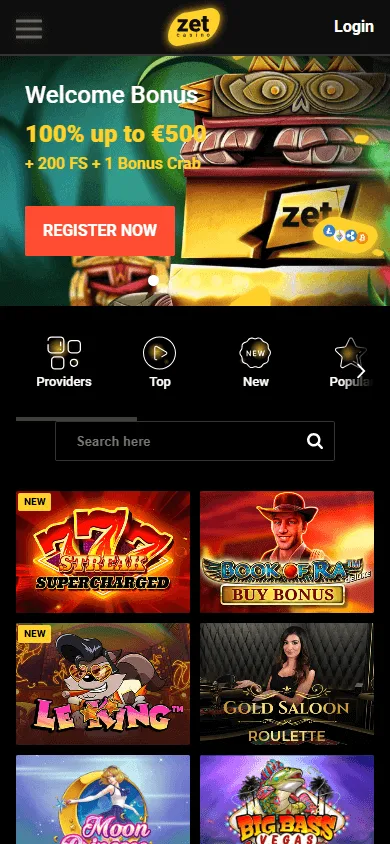 Zet Casino mobile browser home view