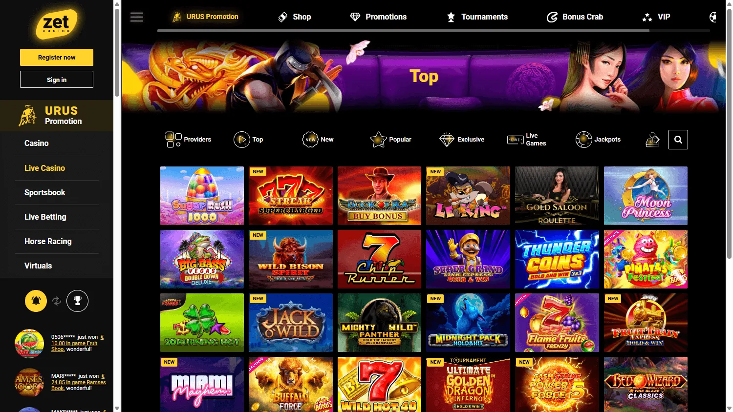 Zet Casino desktop games view with casino categories and game selection