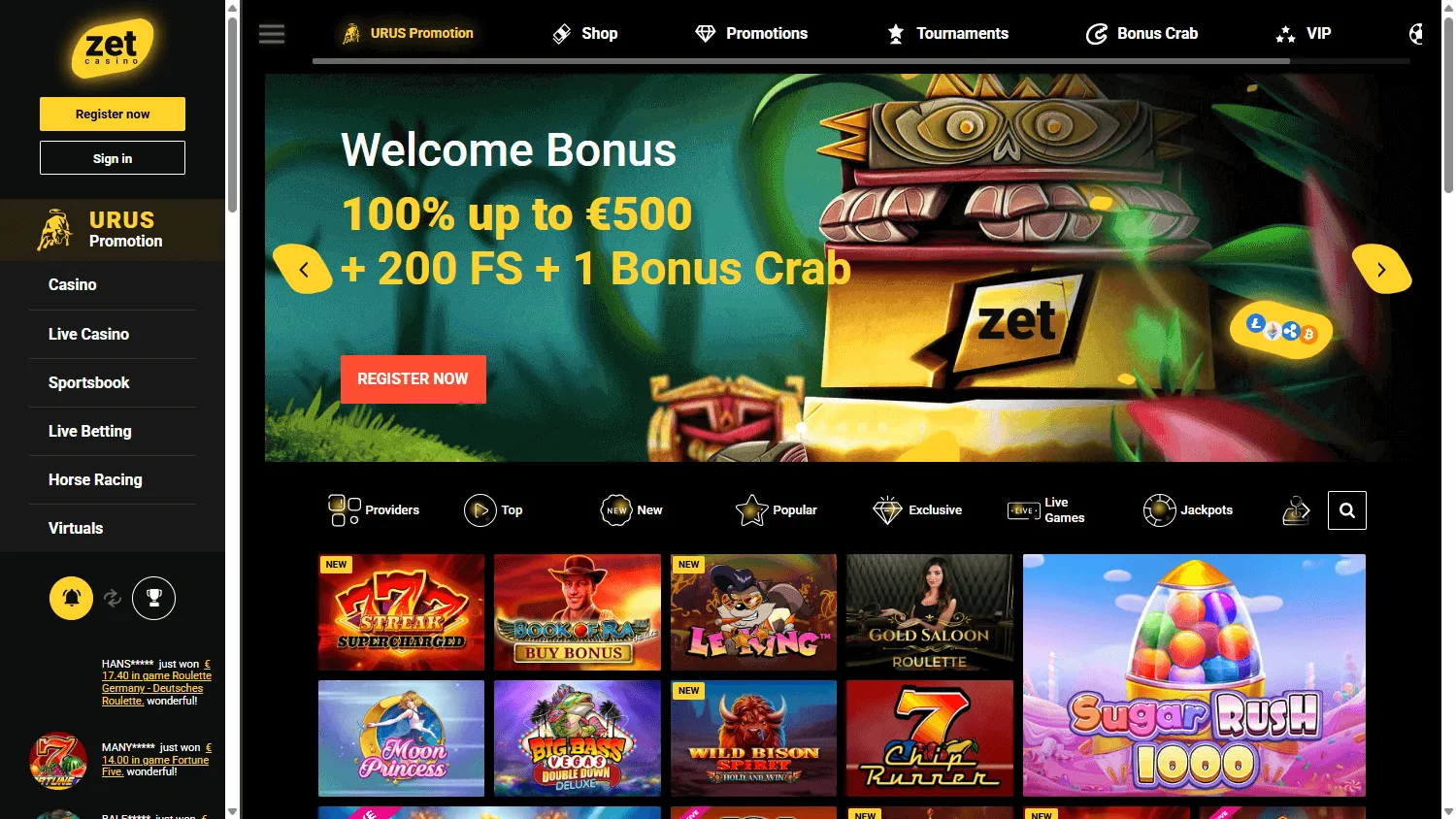 Zet Casino desktop home view with casino, live casino and sportsbook access