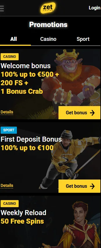 Zet Casino mobile browser promotions view