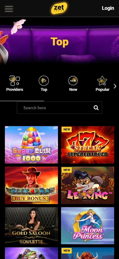 Zet Casino mobile browser games view